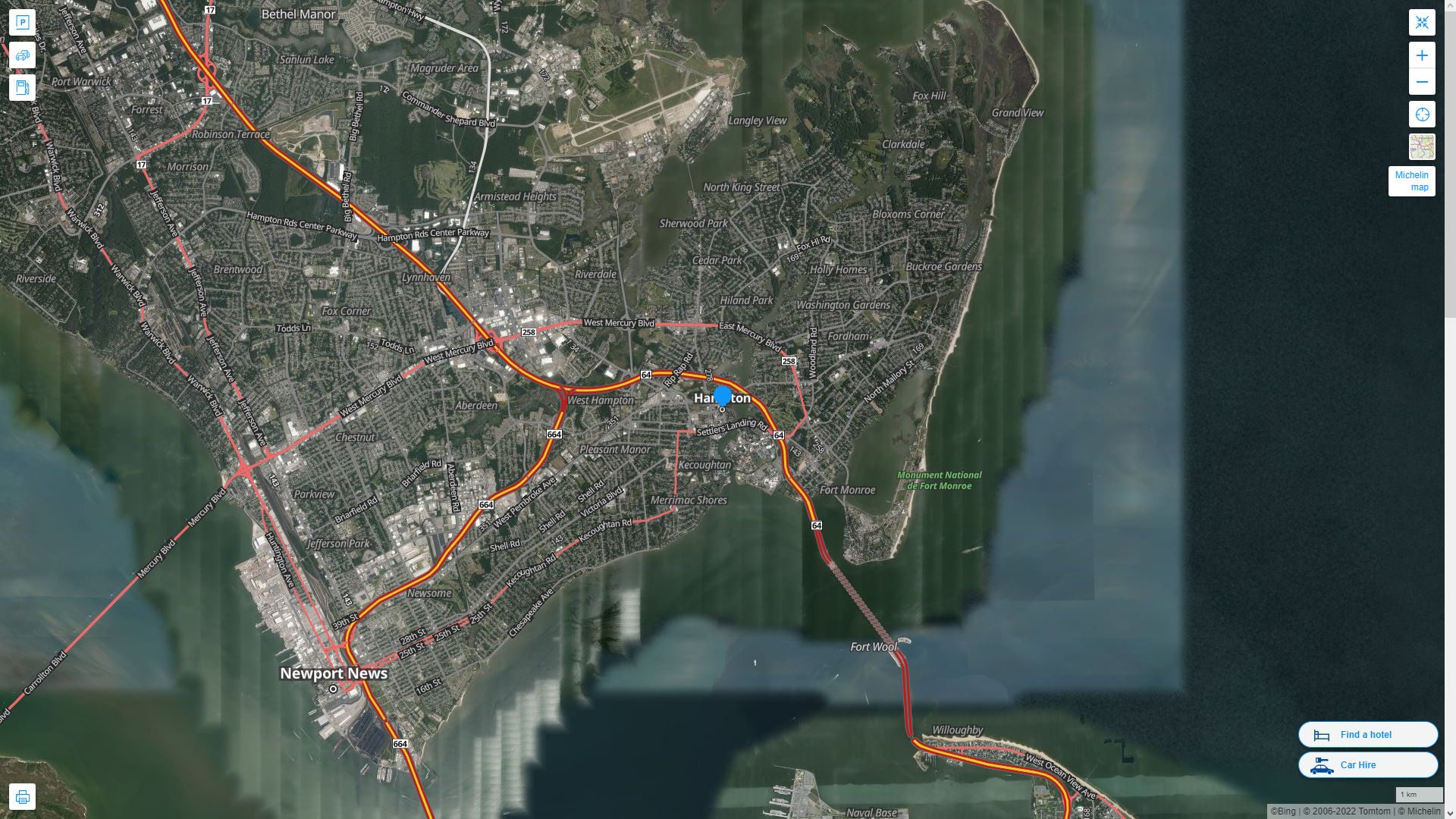 Hampton Virginia Highway and Road Map with Satellite View